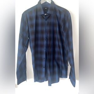 BOSS HUGO BOSS LONG SLEEVE SLIM FIT MENS SHIRT PLAID BLACK & BLUE SIZE  XL